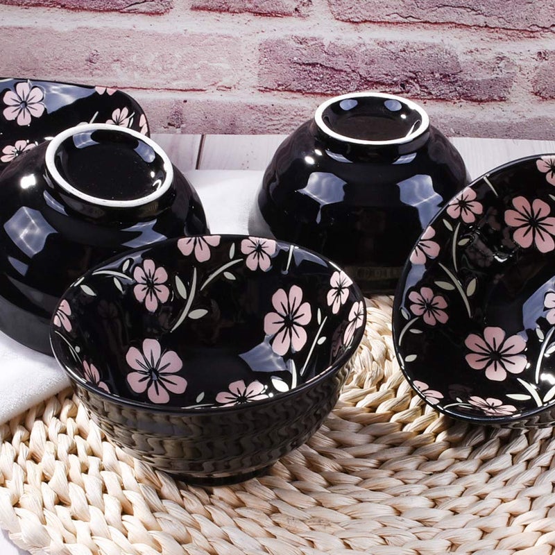 Whitenesser Japanese Style Rice Bowl Set of 4 Ceramic Cereal Bowls for Soup Snack Oat (4, Black Sakura) - Image 3
